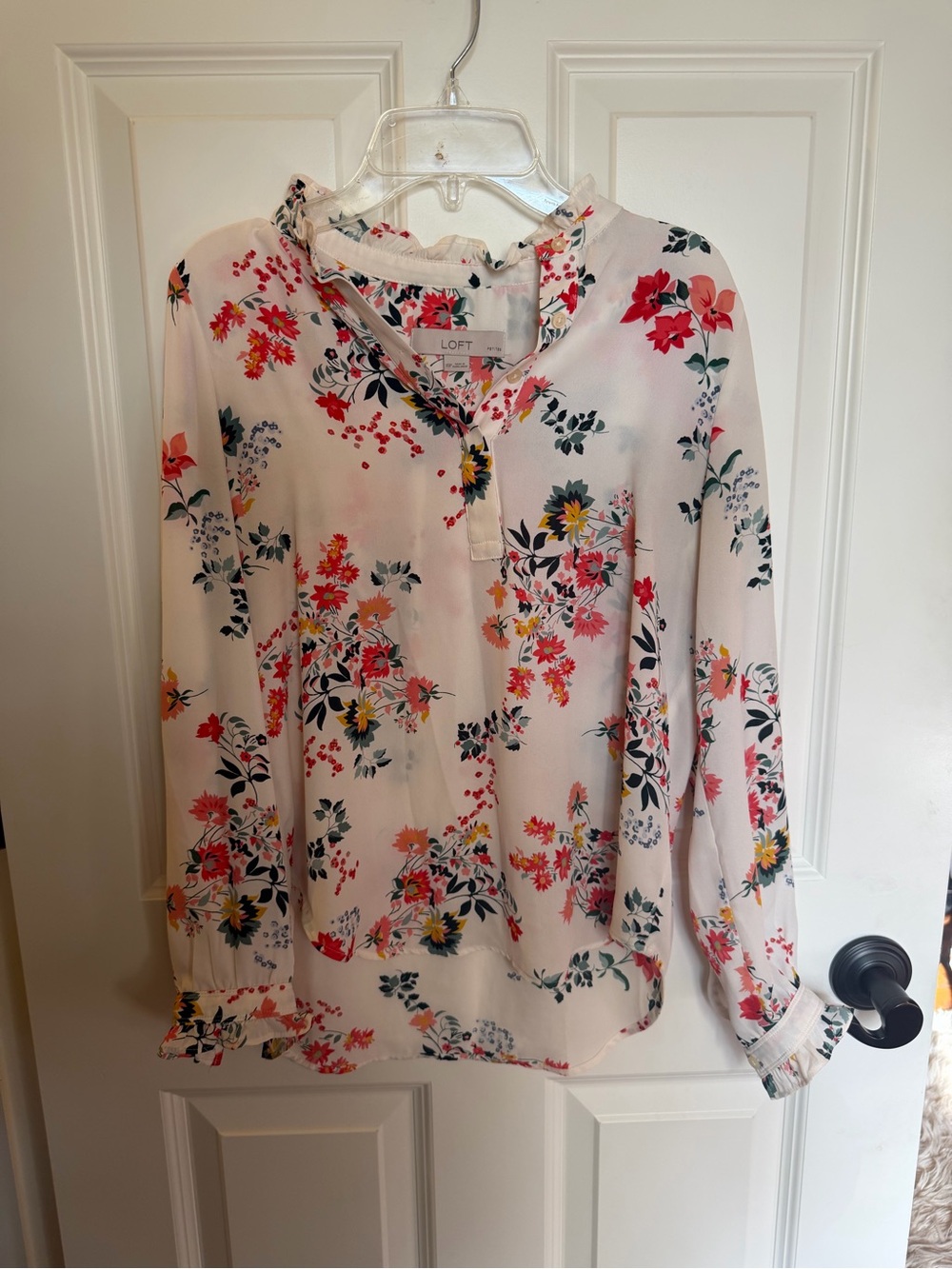 LOFT White Floral Ruffle V-Neck Blouse with Pink & Yellow Flowers